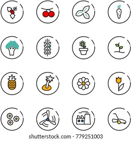 line vector icon set - holly vector, rowanberry, three leafs, carrot, broccoli, spica, flower pot, sproute, pineapple, palm, tulip, wind mill, plant, lawn mower