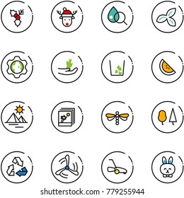 line vector icon set - holly vector, christmas deer hat, blood test, three leafs, gear globe, hand sproute, garbage, watermelone, pyramid, photo, dragonfly, forest, recycling, wind mill, lawn mower