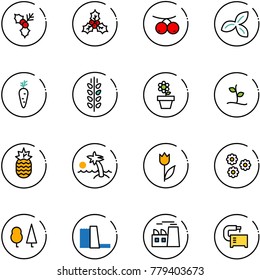 line vector icon set - holly vector, rowanberry, three leafs, carrot, spica, flower pot, sproute, pineapple, palm, tulip, forest, water power plant, machine tool