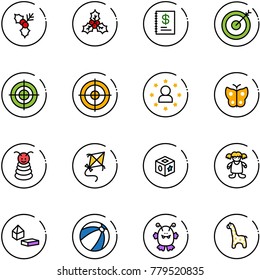 line vector icon set - holly vector, annual report, target, star man, butterfly, pyramid toy, kite, cube, doll, constructor blocks, beach ball, monster, giraffe
