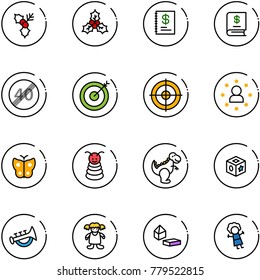 line vector icon set - holly vector, annual report, end speed limit road sign, target, star man, butterfly, pyramid toy, dinosaur, cube, horn, doll, constructor blocks