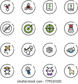 line vector icon set - holly vector, annual report, end speed limit road sign, target, pyramid toy, kite, dinosaur, cube, horn, doll, monster, giraffe