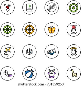 line vector icon set - holly vector, annual report, end speed limit road sign, target, butterfly, pyramid toy, kite, cube, horn, doll, constructor blocks, beach ball, monster, giraffe