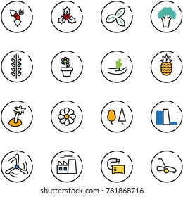 line vector icon set - holly vector, three leafs, broccoli, spica, flower pot, hand sproute, pineapple, palm, forest, water power plant, wind mill, machine tool, lawn mower