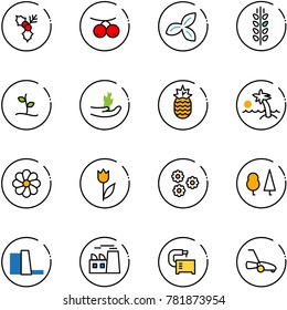 line vector icon set - holly vector, rowanberry, three leafs, spica, sproute, hand, pineapple, palm, flower, tulip, forest, water power plant, machine tool, lawn mower