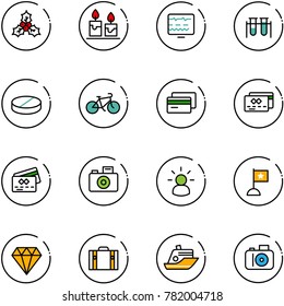 line vector icon set - holly vector, candle, diagnostic monitor, vial, pill, bike, credit card, camera, idea, flag, diamond, suitcase, cruiser