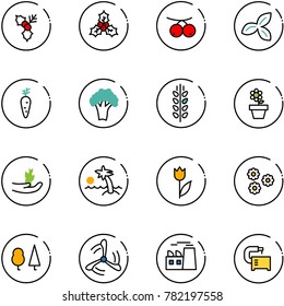 line vector icon set - holly vector, rowanberry, three leafs, carrot, broccoli, spica, flower pot, hand sproute, palm, tulip, forest, wind mill, plant, machine tool