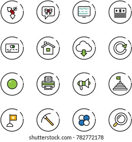 line vector icon set - holly vector, bow message, diagnostic monitor, dollar, credit card, home, download cloud, reload, record, printer, megaphone, pyramid flag, rock axe, atom core, magnifier