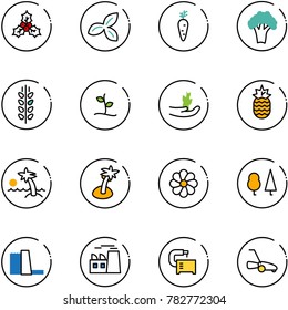 line vector icon set - holly vector, three leafs, carrot, broccoli, spica, sproute, hand, pineapple, palm, flower, forest, water power plant, machine tool, lawn mower