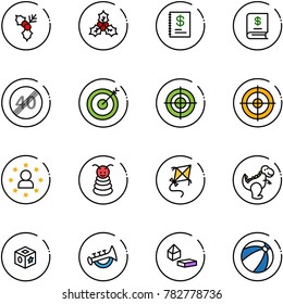 line vector icon set - holly vector, annual report, end speed limit road sign, target, star man, pyramid toy, kite, dinosaur, cube, horn, constructor blocks, beach ball