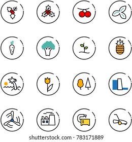 line vector icon set - holly vector, rowanberry, three leafs, carrot, broccoli, sproute, pineapple, palm, tulip, forest, water power plant, wind mill, machine tool, lawn mower