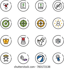 line vector icon set - holly vector, annual report, end speed limit road sign, target, star man, butterfly, pyramid toy, dinosaur, cube, doll, constructor blocks, beach ball