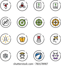 line vector icon set - holly vector, annual report, end speed limit road sign, target, star man, butterfly, pyramid toy, kite, cube, doll, beach ball, monster