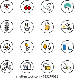 line vector icon set - holly vector, rowanberry, three leafs, broccoli, spica, flower pot, pineapple, palm, tulip, forest, water power plant, wind mill, machine tool, lawn mower
