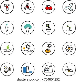 line vector icon set - holly vector, rowanberry, three leafs, carrot, broccoli, flower pot, sproute, hand, palm, water power plant, lawn mower