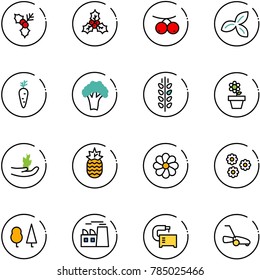 line vector icon set - holly vector, rowanberry, three leafs, carrot, broccoli, spica, flower pot, hand sproute, pineapple, forest, plant, machine tool, lawn mower