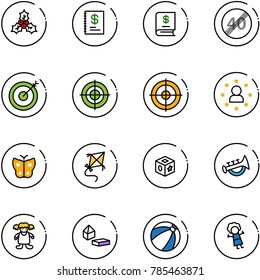 line vector icon set - holly vector, annual report, end speed limit road sign, target, star man, butterfly, kite, cube toy, horn, doll, constructor blocks, beach ball