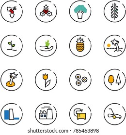 line vector icon set - holly vector, broccoli, spica, sproute, hand, pineapple, palm, tulip, flower, forest, water power plant, machine tool, lawn mower