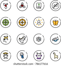 line vector icon set - holly vector, annual report, end speed limit road sign, target, star man, butterfly, kite, dinosaur toy, cube, horn, doll, monster, giraffe