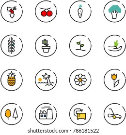 line vector icon set - holly vector, rowanberry, carrot, broccoli, spica, flower pot, sproute, hand, pineapple, palm, tulip, forest, plant, machine tool, lawn mower