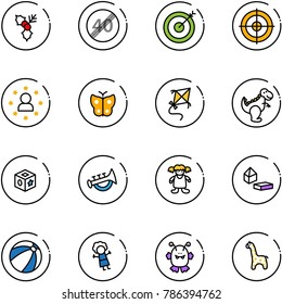 line vector icon set - holly vector, end speed limit road sign, target, star man, butterfly, kite, dinosaur toy, cube, horn, doll, constructor blocks, beach ball, monster, giraffe