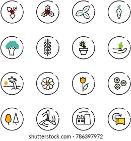 line vector icon set - holly vector, three leafs, carrot, broccoli, spica, flower pot, hand sproute, palm, tulip, forest, wind mill, plant, machine tool