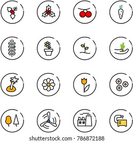 line vector icon set - holly vector, rowanberry, carrot, spica, flower pot, sproute, hand, palm, tulip, forest, wind mill, plant, machine tool