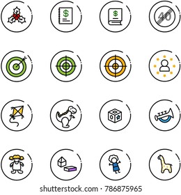 line vector icon set - holly vector, annual report, end speed limit road sign, target, star man, kite, dinosaur toy, cube, horn, doll, constructor blocks, giraffe