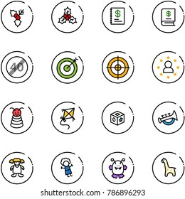 line vector icon set - holly vector, annual report, end speed limit road sign, target, star man, pyramid toy, kite, cube, horn, doll, monster, giraffe