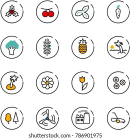 line vector icon set - holly vector, rowanberry, three leafs, carrot, broccoli, spica, pineapple, palm, flower, tulip, forest, wind mill, plant, lawn mower