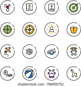 line vector icon set - holly vector, annual report, target, star man, butterfly, kite, cube toy, horn, doll, constructor blocks, beach ball, monster, giraffe