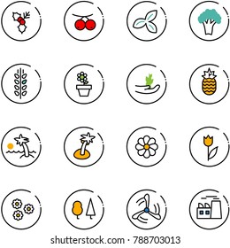line vector icon set - holly vector, rowanberry, three leafs, broccoli, spica, flower pot, hand sproute, pineapple, palm, tulip, forest, wind mill, plant