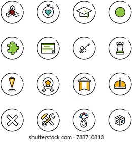 line vector icon set - holly vector, stopwatch heart, graduate hat, record, puzzle, schedule, key, chess tower, pennant, star medal, crown, delete, wrench hammer, beanbag, cube toy