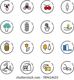 line vector icon set - holly vector, rowanberry, carrot, broccoli, spica, flower pot, hand sproute, pineapple, tulip, forest, water power plant, wind mill, machine tool, lawn mower