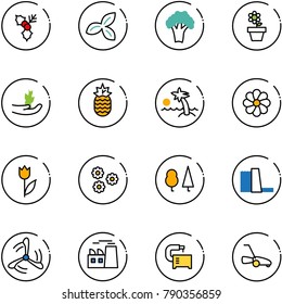 line vector icon set - holly vector, three leafs, broccoli, flower pot, hand sproute, pineapple, palm, tulip, forest, water power plant, wind mill, machine tool, lawn mower