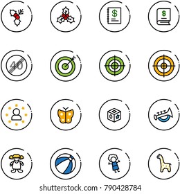 line vector icon set - holly vector, annual report, end speed limit road sign, target, star man, butterfly, cube toy, horn, doll, beach ball, giraffe