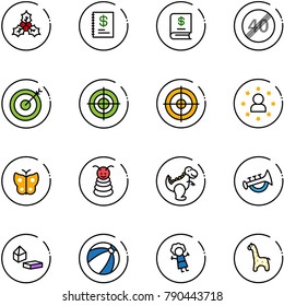 line vector icon set - holly vector, annual report, end speed limit road sign, target, star man, butterfly, pyramid toy, dinosaur, horn, constructor blocks, beach ball, doll, giraffe