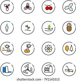 line vector icon set - holly vector, rowanberry, three leafs, carrot, sproute, hand, pineapple, palm, flower, forest, water power plant, wind mill, lawn mower