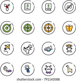 line vector icon set - holly vector, annual report, end speed limit road sign, target, butterfly, kite, dinosaur toy, horn, doll, constructor blocks, monster, giraffe