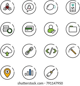 line vector icon set - holly vector, merry christmas message, lemon, mobile heart monitor, coin, credit card, user check, folder, upload cloud, link, tag code, rock axe, atm map pin, chart
