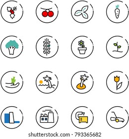 line vector icon set - holly vector, rowanberry, three leafs, carrot, broccoli, spica, flower pot, sproute, hand, palm, tulip, water power plant, machine tool, lawn mower