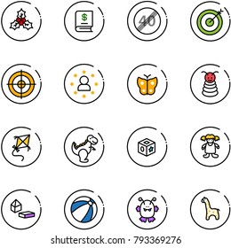 line vector icon set - holly vector, annual report, end speed limit road sign, target, star man, butterfly, pyramid toy, kite, dinosaur, cube, doll, constructor blocks, beach ball, monster, giraffe