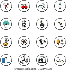 line vector icon set - holly vector, rowanberry, three leafs, carrot, broccoli, spica, flower pot, sproute, palm, forest, water power plant, wind mill, lawn mower