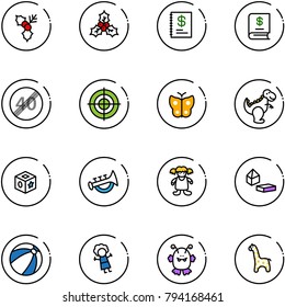 line vector icon set - holly vector, annual report, end speed limit road sign, target, butterfly, dinosaur toy, cube, horn, doll, constructor blocks, beach ball, monster, giraffe
