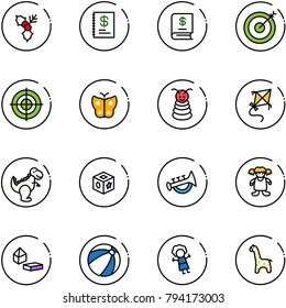 line vector icon set - holly vector, annual report, target, butterfly, pyramid toy, kite, dinosaur, cube, horn, doll, constructor blocks, beach ball, giraffe