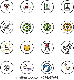 line vector icon set - holly vector, annual report, end speed limit road sign, target, star man, butterfly, pyramid toy, dinosaur, cube, constructor blocks, beach ball, giraffe