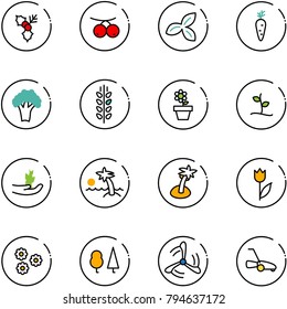 line vector icon set - holly vector, rowanberry, three leafs, carrot, broccoli, spica, flower pot, sproute, hand, palm, tulip, forest, wind mill, lawn mower