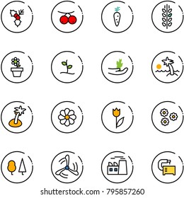 line vector icon set - holly vector, rowanberry, carrot, spica, flower pot, sproute, hand, palm, tulip, forest, wind mill, plant, machine tool