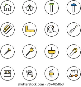 line vector icon set - home vector, work, hammer, trowel, corner ruler, measuring tape, chisel, screw, wood drill, crown, tile, tool box, cocncrete mixer, allen key set, toy train