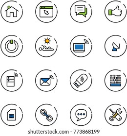 line vector icon set - home vector, cursor browser, chat, like, standby, reading, notebook wi fi, satellite antenna, server wireless, mail, usb, binary code, sim, link, wrench screwdriver